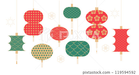 Set of Chinese Lanterns. Chinese New Year, Mid Autumn Festival elements collection for banner and greeting card. Flat minimalist geometric design. Vector illustration 119594592