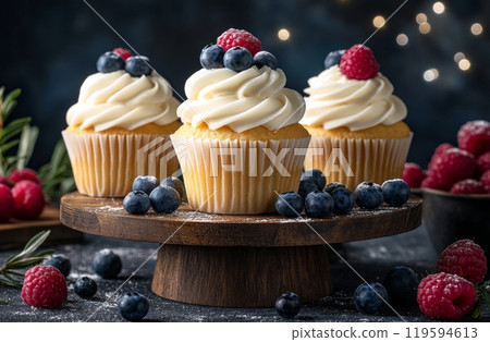 Delicious cupcakes topped with fresh berries on a dark background during a sweet dessert display 119594613