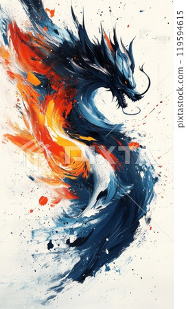 Majestic dragon illustration in vibrant colors soaring through abstract clouds Majestic dragon illustration in vibrant colors soaring through abstract clouds 119594615