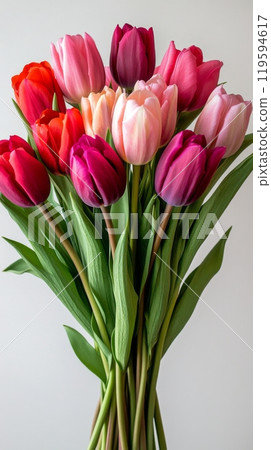 A vibrant bouquet of tulips in various colors arranged elegantly on a white background A vibrant bouquet of tulips in various colors arranged elegantly on a white background 119594617