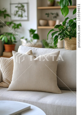 Modern living room with a cozy beige couch and decorative plants in a bright space 119594651