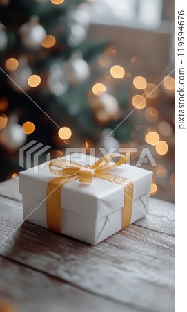 A gift with a golden ribbon sits under a decorated Christmas tree this holiday season 119594676