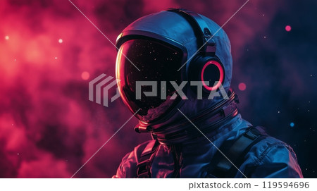 Astronaut in a futuristic environment with vibrant neon lighting and advanced headset technology 119594696