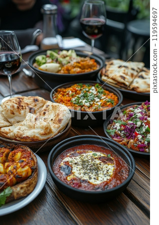 A vibrant assortment of Mediterranean dishes served with red wine on a wooden table at dinner 119594697