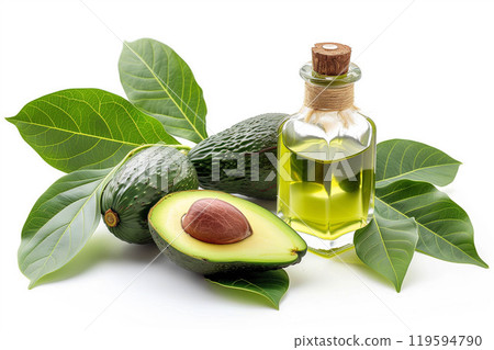 Avocado and leaf fruit in flat lay on white background. 119594790