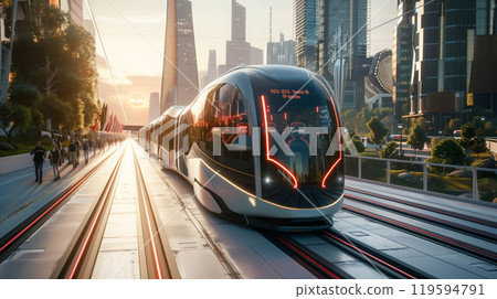 Futuristic train high speed travel in motion at the railway station in modern city with motion effect. 119594791