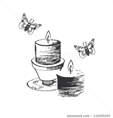 Candles on candlesticks and night butterflies flying around the flame. All objects are hand-drawn with ink and transferred to vector. Halloween illustration. Suitable for printing on postcards. Candles on candlesticks and night butterflies flying around the flame. All objects are hand-drawn with ink and transferred to vector. Halloween illustration. Suitable for printing on postcards. 119595005