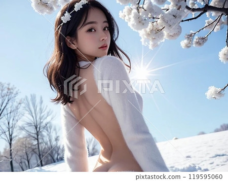 隆冬的櫻花與轉身的成年女性 119595060