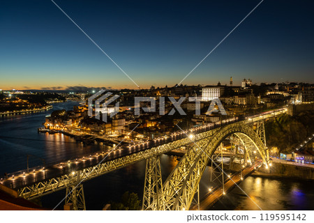 Illuminated Porto City, Douro River and Dom Luis bridge I at Night 119595142