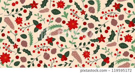 Botanical Christmas seamless pattern with fir branches, holly, flowers and berries 119595172