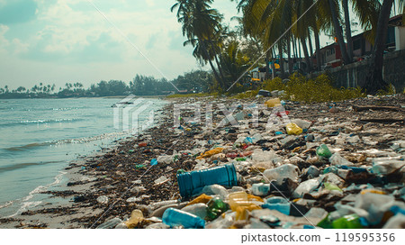 A beach littered with plastic waste 119595356