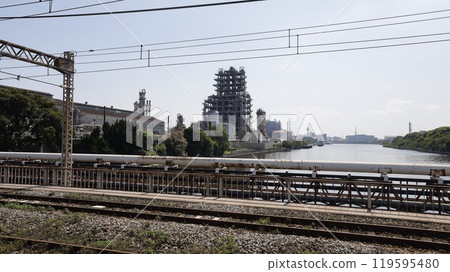 Showa Denko plant and JR Tsurumi Line tracks seen from the sidewalk of Ogibashi (Kawasaki City) Showa Denko plant and JR Tsurumi Line tracks seen from the sidewalk of Ogibashi (Kawasaki City) 119595480