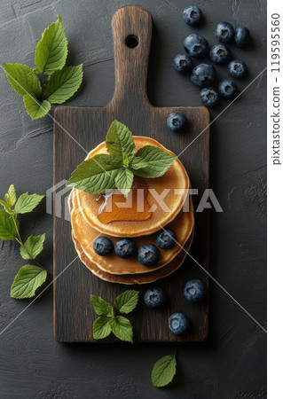 Delicious stack of pancakes topped with blueberries and mint leaves on a dark stone plate 119595560