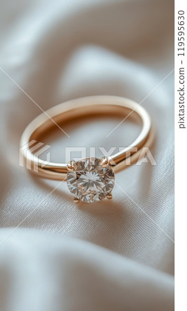 Elegant gold ring with a sparkling diamond placed on soft fabric Elegant gold ring with a sparkling diamond placed on soft fabric 119595630