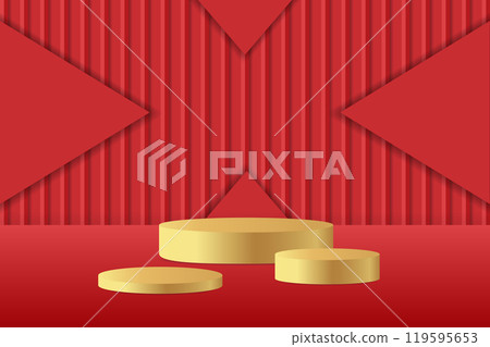 Abstract 3D red podium background. Modern minimalist mockup for product display presentation. Realistic red cylinder pedestal podium. 119595653