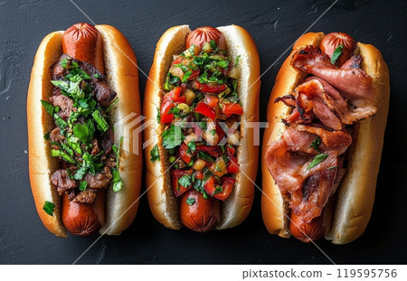 Delicious selection of gourmet hot dogs with various toppings served on a wooden board 119595756