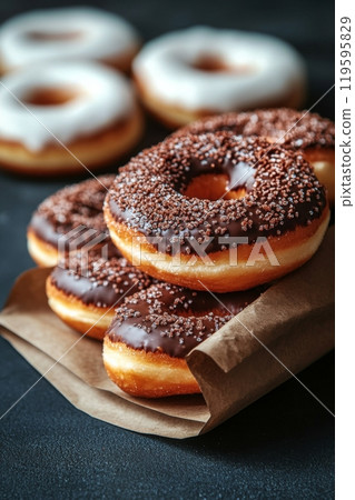 Stack of chocolate frosted doughnuts on brown paper with glazed treats in the background 119595829
