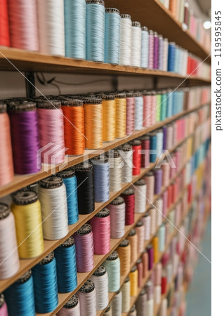 Colorful spools of thread neatly arranged on wooden shelves in a crafting space 119595845