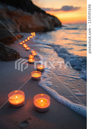 A serene sunset on the beach with candles illuminating the shoreline at twilight A serene sunset on the beach with candles illuminating the shoreline at twilight 119595846