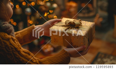 A child holding a beautifully wrapped golden gift with ribbon. Boxing day, Christmas holiday spirit 119595893