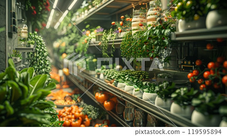 A hydroponic farm with plants and vegetables. Green and red crops growing under artificial lighting 119595894