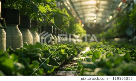 Greenhouse filled with green plants grown using hydroponic methods. Green leaves, artificial light 119595895