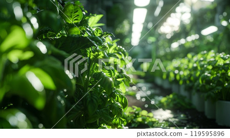 Hydroponic farm with green crops under artificial lighting. Lush leaves and plants arranged in rows 119595896