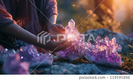Hands holding a glowing amethyst crystal in a magical forest. Purple crystals shimmer in soft light 119595898