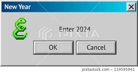 2024 New Year themed dialogue box with blue dragon. Abstract vaporwave, y2k aesthetics window with 90s style system message 119595941