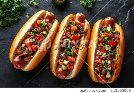 Delicious selection of gourmet hot dogs with various toppings served on a wooden board 119595999