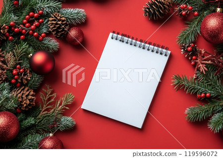 Blank notepad surrounded by festive decorations on a red background during the holiday season Blank notepad surrounded by festive decorations on a red background during the holiday season 119596072
