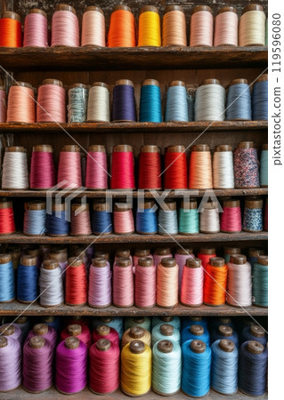 Colorful spools of thread neatly arranged on wooden shelves in a crafting space 119596080