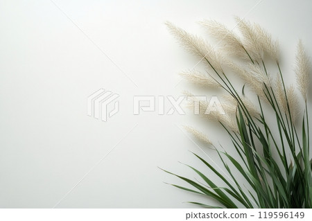Soft white decorative flowers arranged elegantly against a neutral background 119596149