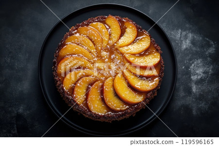 Delicious peach upside down cake on a black plate with glossy caramel glaze in bright lighting 119596165