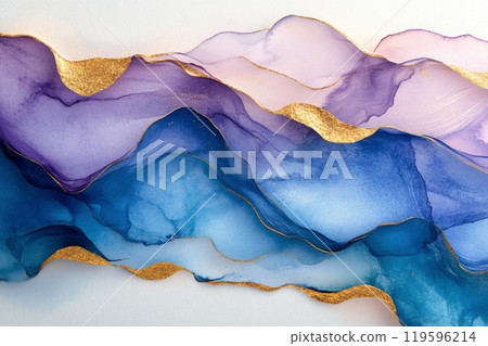 Elegant abstract artwork featuring soft purple hues with golden accents in flowing patterns 119596214
