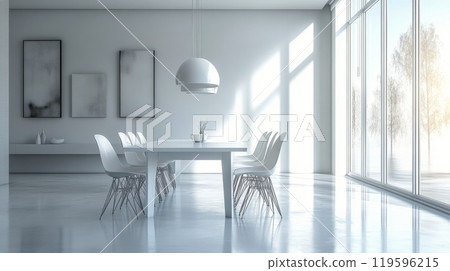 Minimalist dining area with a large table and bright natural light during daytime 119596215