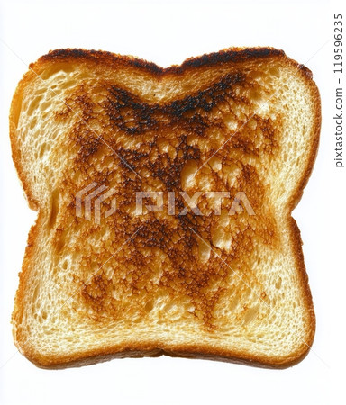 Toasted bread slice with unique burn design on a white background capturing warmth and texture 119596235