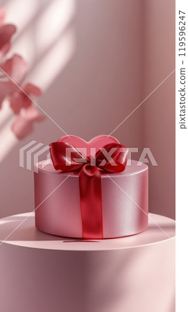 Decorative pink gift box with a heart ribbon in a bright room during daytime 119596247