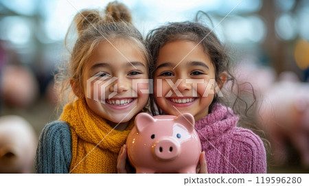 Two smiling girls holding a piggy bank in a cozy indoor environment during daylight 119596280