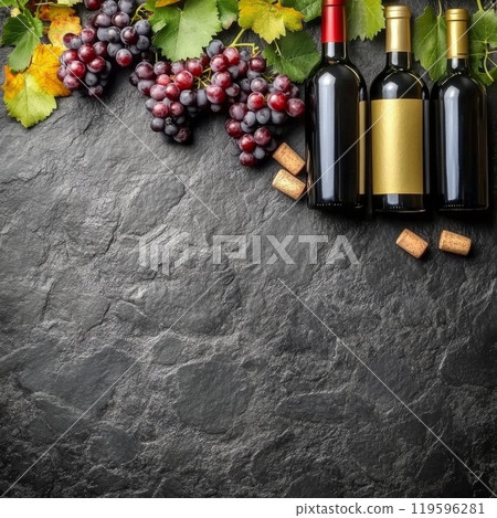 Two bottles of wine with green and purple grapes among lush grape leaves on a dark rustic table 119596281