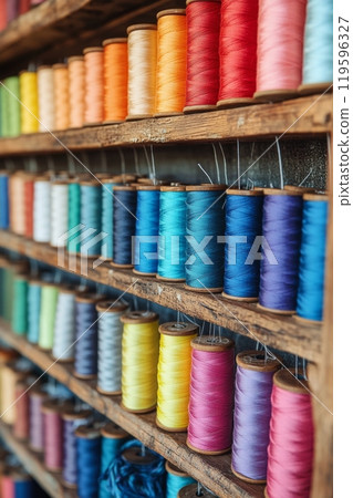 Colorful spools of thread neatly arranged on wooden shelves in a crafting space 119596327