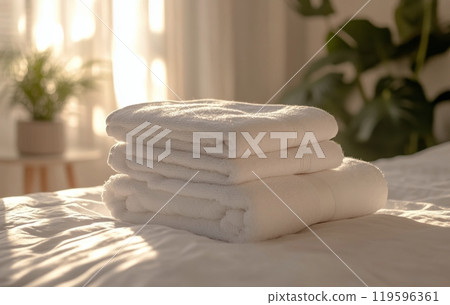 Soft white towels neatly arranged on a bed with warm sunlight streaming through a window Soft white towels neatly arranged on a bed with warm sunlight streaming through a window 119596361