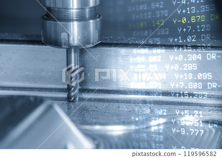 Abstract scene the CNC milling machine cutting mold part and G-code data back ground. 119596582