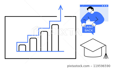 Line graph with upward bars representing growth, a person holding a cashback sign, and a graduation cap Ideal for financial planning, educational rewards, success milestones, savings, and achievement Line graph with upward bars representing growth, a person holding a cashback sign, and a graduation cap Ideal for financial planning, educational rewards, success milestones, savings, and achievement 119596590