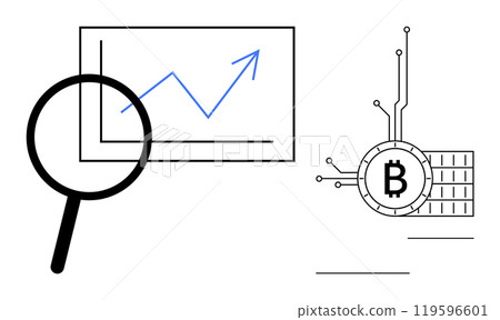 Magnifying glass over a chart with an upward trend and Bitcoin symbol connected to circuitry. Ideal for business, finance, technology, cryptocurrency, investment, and market analysis 119596601