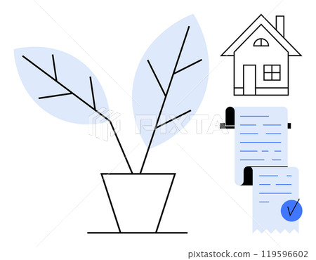 House, potted plant, and receipt with a check mark. Ideal for themes like home, finance, organization, minimalism, and nature. Simple lines and muted colors in minimalist style House, potted plant, and receipt with a check mark. Ideal for themes like home, finance, organization, minimalism, and nature. Simple lines and muted colors in minimalist style 119596602