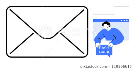 A large envelope with black outlines and a person holding a Cash Back sign near a browser window. Ideal for email marketing, online shopping, customer rewards, finance, and digital communication 119596615