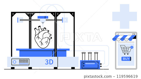 Depicts a 3D printer creating a human heart alongside a digital shopping interface. Ideal for medical technology, innovation, healthcare, e-commerce, 3D printing. Modern flat style with blue 119596619