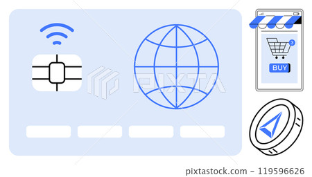 Large chip card with wireless, globe icon, smartphone with store app, and cryptocurrency coin. Ideal for digital transactions, online shopping, e-commerce, financial technology, digital currency Large chip card with wireless, globe icon, smartphone with store app, and cryptocurrency coin. Ideal for digital transactions, online shopping, e-commerce, financial technology, digital currency 119596626
