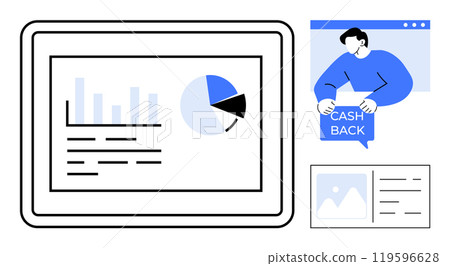 A tablet displaying financial graphs and charts includes bar graph and pie chart. A person holding a sign saying cash back represents the concept of financial rewards. Ideal for financial services A tablet displaying financial graphs and charts includes bar graph and pie chart. A person holding a sign saying cash back represents the concept of financial rewards. Ideal for financial services 119596628
